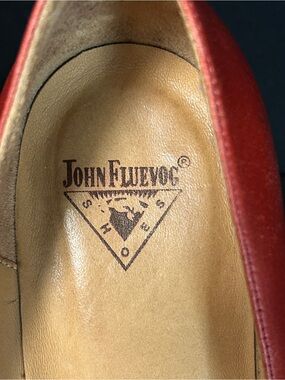 John Fluevog Red Leather Pointed Mid-Heel Pumps